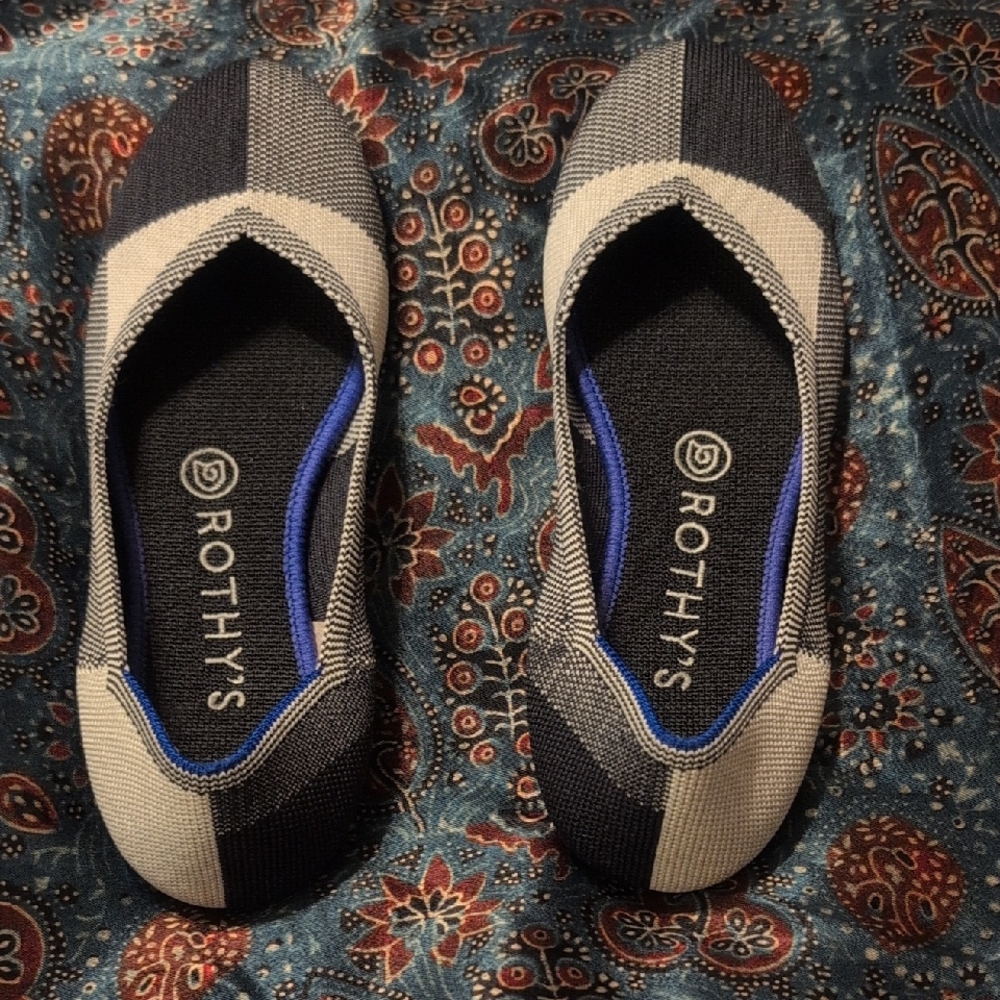 Rothy's Black and Blue Patterned Flats